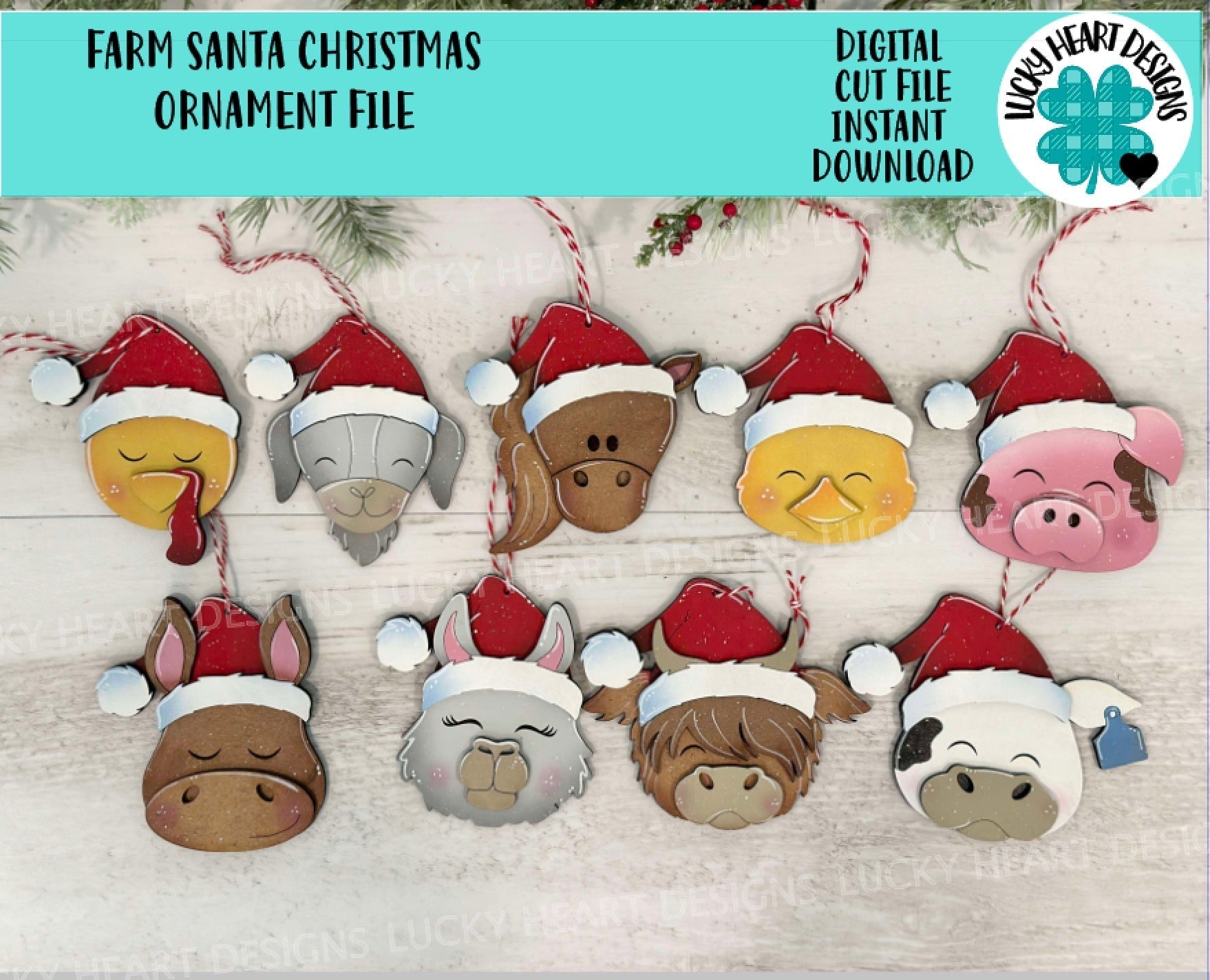 Farm Santa Christmas Ornament File SVG, Glowforge, Horse, Duck, Highland, Pig, LLama, Chicken, Donkey Goat Baby's First, LuckyHeartDesignsCo